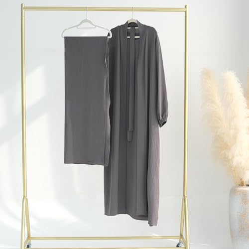 Women's Muslim Dress Two Pieces Set Islamic Prayer Abaya Modest Solid Color Muslim Outfits - color: Gray Abaya and Gray Hijab, size: XX-Large