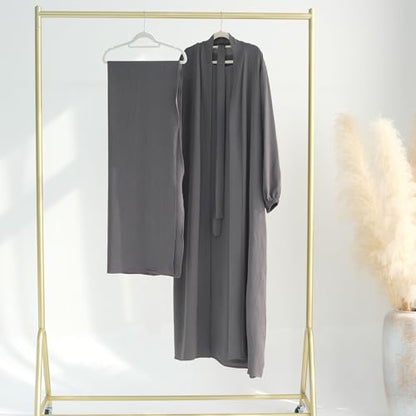 Women's Muslim Dress Two Pieces Set Islamic Prayer Abaya Modest Solid Color Muslim Outfits - color: Gray Abaya and Gray Hijab, size: X-Large