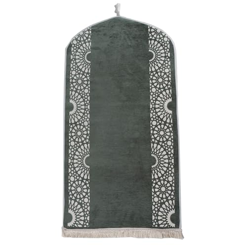 Modefa Turkish Islamic Prayer Mat - Chenille with Foam and Carrying Bag - Intricate Praying Rug Ramadan Eid Gift - Traditional Muslim Janamaz Seccade for Men Women - Mustaqim (Sage Green) - color: Sage Green