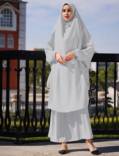Abayas for Women Muslim Chiffon Prayer Burqa Dress Burkas for Women Muslim Hijab Dress Full Length Islamic Veil Abaya Set - color: Light Gray
