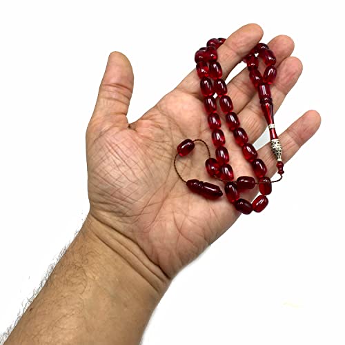 EXCLUSIVE COLLECTION -Handmade Silver Engraved Bakelite Tesbih, Tasbih, Islamic Rosary, Islamic Prayer Beads, Misbaha (8x12 mm 33 Cherry Cylinder Beads) - color: 8x12 mm 33 Cherry Cylinder Beads)