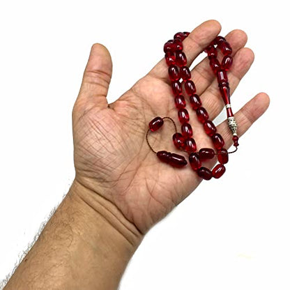 EXCLUSIVE COLLECTION -Handmade Silver Engraved Bakelite Tesbih, Tasbih, Islamic Rosary, Islamic Prayer Beads, Misbaha (8x12 mm 33 Cherry Cylinder Beads) - color: 8x12 mm 33 Cherry Cylinder Beads)