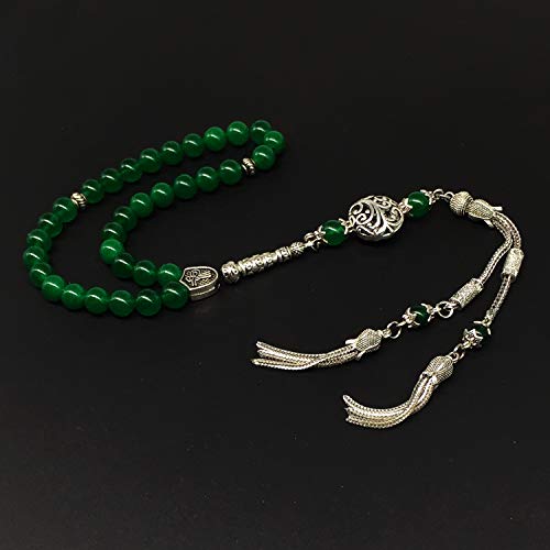 Design - Long & Stylist Tassels Worry Beads - Prayer Beads (8 mm-33 Beads) Tesbih-Tasbih-Tasbeeh-Misbaha-Subha-Sebha-Sibha-Rosary (Green Jade Natural Stone) - color: Green Jade Natural Stone