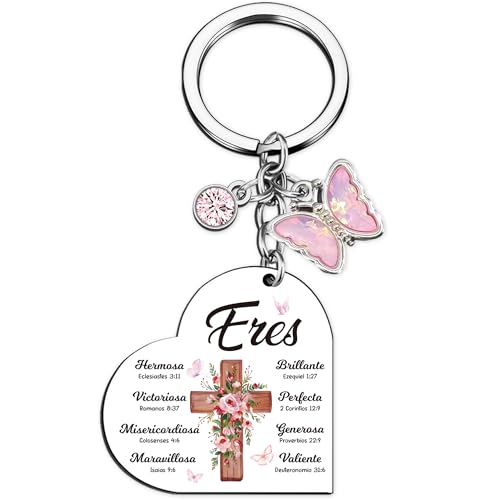 Spanish Christian Keychains Gifts for Women - Inspirational Bible Verse Keyrings for Girls, Religious Spiritual Heart Present Cross Jewellery for Baptism Prayers Confirmation Stuff