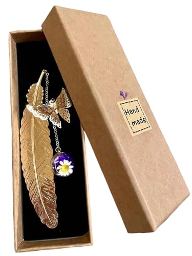 Metal Feather Bookmark,Christmas Stocking Stuffers Teacher Gifts for Women - color: Golden Feather Purple Flower