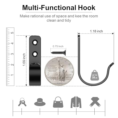 15-Pack Black Metal Wall Mount Hooks for Hanging Coats & Towel | Screw-in Single Hooks for Clothing, Robe, Bathroom, Entryway, Garage - color: 15PCS Wide Black hook