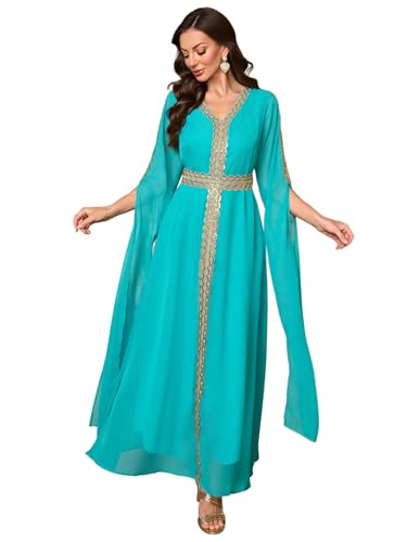 Embroidery Abayas for Women Muslim Moroccan Floral Maxi Kaftan Dress Arabic Islamic Dubai Robe Ramadan Prayer Clothes - color: Turquoise Green, size: Large