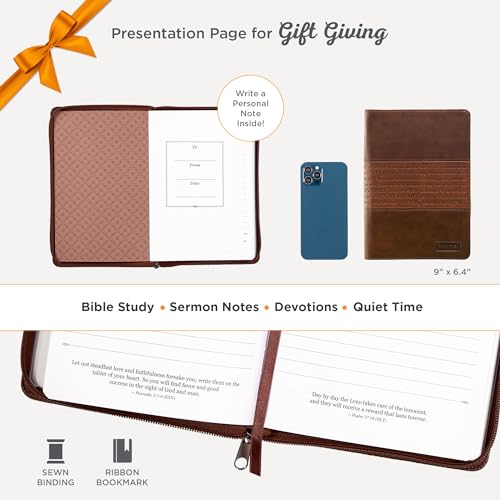 Classic Faux Leather Journal Strong and Courageous Joshua 1:57 Bible Verse, Brown Inspirational Notebook, Lined Pages w/Scripture, Ribbon Marker, Zipper Closure