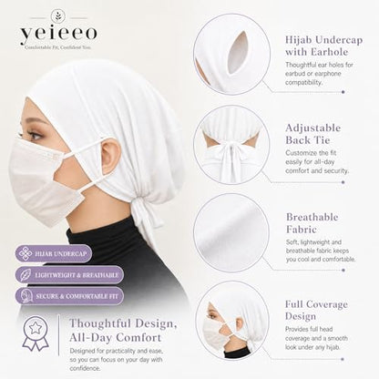 Jersey Hijab Undercap with Earhole, Slouchy Stretch Beanie Inner Caps, Breathable Under Scarf Liner Cap (1PC/3PC) - color: White+pink+beige