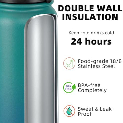 Fanhaw 24 oz Insulated Stainless Steel Water Bottle with Anti-Dust Chug Lid, Leakproof Vacuum Metal Everyday Use Bottle for Kids, Teens & Adults, Back to School Essentials (Green Blue) - color: Green Blue, style: 24 Ounces