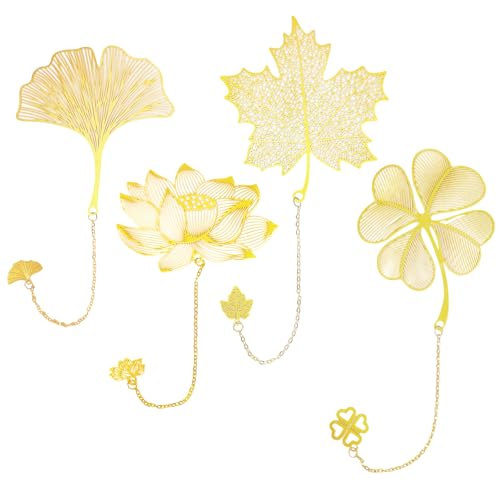 4 Pcs Golden Metal Leaf Bookmark Set with Chain, Unique Brass Page Markers Featuring Ginkgo, Maple, Clover, and Lotus, Book Lover Gifts for Women Readers Writers