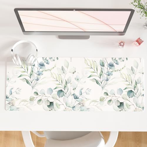 QiyI PU Leather Large Mouse Pad, Office Decor, 31.5" x 11.8", Green Leaves | Desk Décor Accessories, Extended Size, Waterproof & Easy to Clean, Smooth Surface, Non Slip Desk Organization - color: Eucalyptus Leaves, size: 31.5" x 11.8"