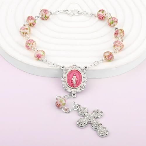 8mm Murano Rose Beads Catholic Virgin Mary Car Rosary for Rearview Mirror with Gift Box - color: White & Pink