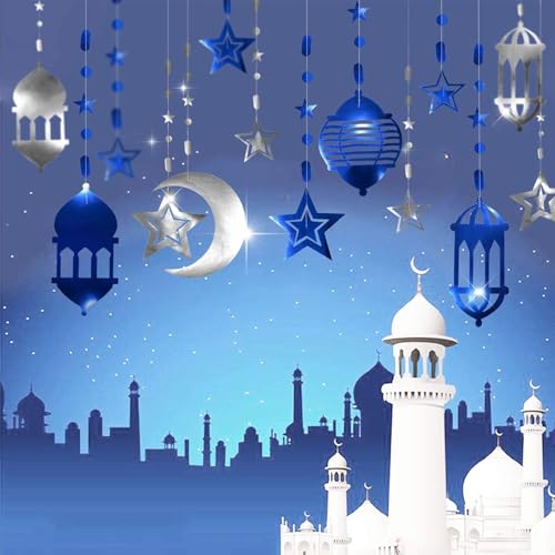 Cheerland Silver Blue Ramadan Decorations for Home Star Moon Lantern Garland Islamic Hanging Streamer Backdrop Eid Mubarak Decorations Lesser Bairam Holiday Celestial Banner Night Party Supplies 16pcs