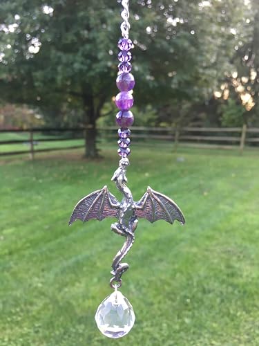 Dragon Suncatcher for Car Rear View Mirror - Amethyst Crystal Prism Hanging Ornament - Handmade Feng Shui Rainbow Maker Car Charm Decoration