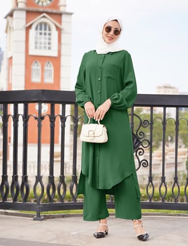 ODIZLI Women's Muslim 2 Pieces Sets Long Sleeve Button Down Shirt and Pants Abaya Casual Dress Dubai Outfits - color: Emerald Green, size: Small