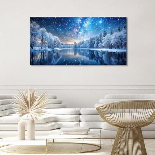 Palderwallart Beautiful Milky Way Landscape Wall Art for Living Room Office Nature Riverside Scenery Blue Starry Sky and White Tree Painting Prints Winter Scenic Canvas Artwork Dining (20x40 Inches) - color: Blue Starry Sky and White Tree Wall Art(Y866),