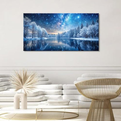 Palderwallart Beautiful Milky Way Landscape Wall Art for Living Room Office Nature Riverside Scenery Blue Starry Sky and White Tree Painting Prints Winter Scenic Canvas Artwork Dining (20x40 Inches) - color: Blue Starry Sky and White Tree Wall Art(Y866),