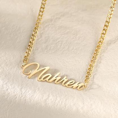 TinyName Custom Name Necklace Personalized 18K Gold Plated Nameplate Customized Jewelry Gift for Women - color: Horizontal Name Necklace-Curb Chain