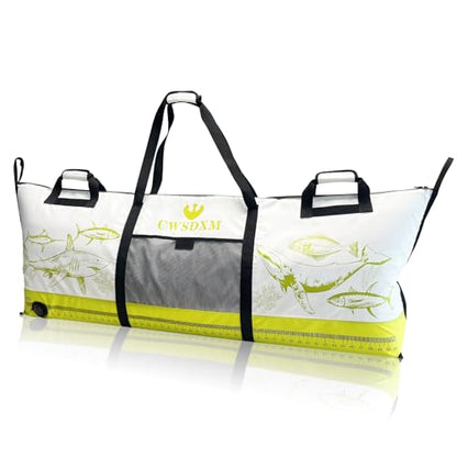 Insulated Fish Cooler Bag, 60'' Waterproof Leakproof Fishing Kill Bag with Drain Valve, Zipper and Heavy Duty PVC Marine Cooler for Boat Kayak Offshore Fishing, Keeps Fish Fresh Up to 48H - color: Green+White