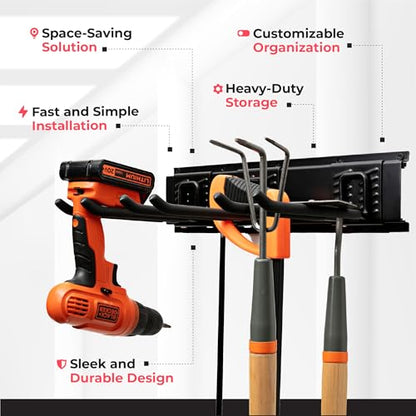 TIDYME Garage Tool Organizer Wall Mount, 32", 2 Racks 4 Hooks, 200 lbs | 200 lbs, anti-rust carbon steel, garden tool organizer & storage rack for garage organization, shovels, rakes & tools - size: 32" Carbon Steel with 2 Racks & 4 Hooks