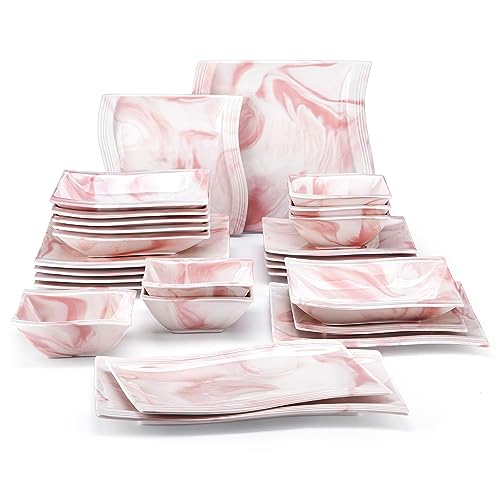MALACASA Plates and Bowls Sets, 26 Pieces Pink Dinnerware Sets for 6, Porcelain Dinnerware Set with Dinner Plates and Bowls, Serving Platters, Square Dishware Sets, Modern Dish Set, Series Flora - color: Pink, size: 26 Piece(Service for 6)