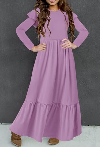 HOSIKA Girls Fall Ruffle Long Sleeve Crew Neck Loose Casual Flowy Tiered Maxi Dress with Pockets for 6-12 Y - color: Purple, size: 8 Years