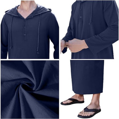 YAOHUOLE Long Sleeve Kaftan Thobe Button down Men Thobe with Pocket Big and Tall Kaftan Muslim Men Thobe - color: Navy, size: X-Large
