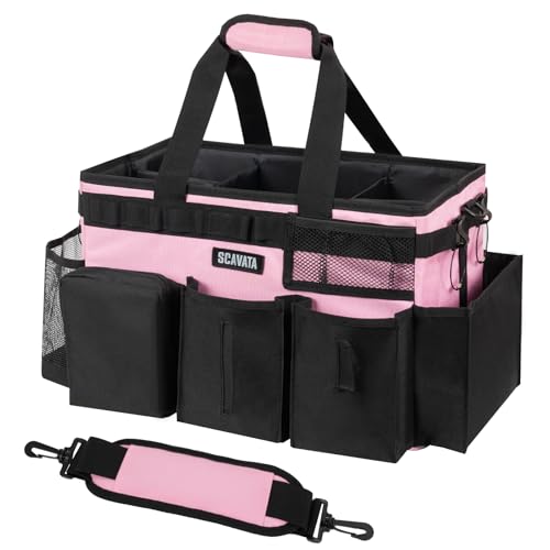 SCAVATA Wearable Cleaning Caddy Bag, Cleaning Caddy Supplies Organizer with Handle & Shoulder Straps for Housekeepers, Under Sink & Car Cleaning Tool Organizers with 4 Foldable Divider (SweetPink) - color: SweetPink