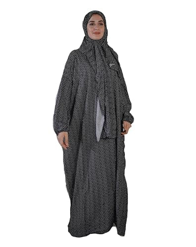Women's Ditsy Floral Print Zipper Design Hooded Arabian Dress Modest Bishop Sleeve Long Sleeve Maxi Muslim Dress for Women - color: Dot Print, size: One Size