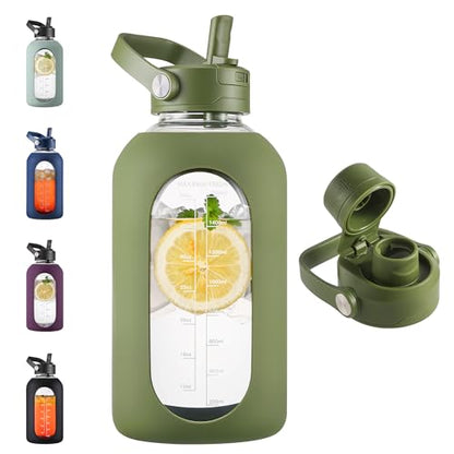 CIVAGO 64 oz Glass Water Bottle Jug with Detachable Straw and Time Maker | Half Gallon Motivational Large Flask Cup with Handle, Leakproof Lids, Wide Mouth, Silicone Sleeve, Juice Tumbler, Army Green - color: .Army Green, size: 64 Ounces