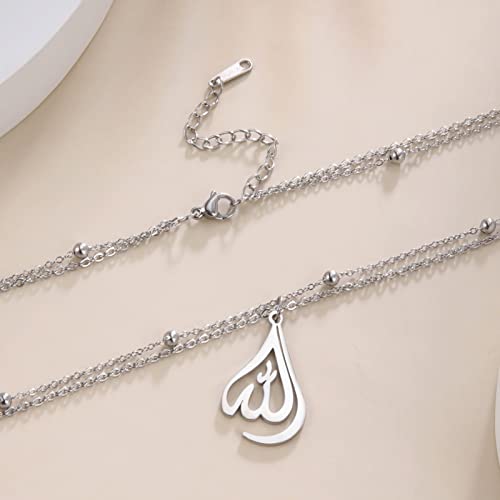 kkjoy Islamic Muslim Allah Layered Necklaces for Women Charm Stainless Steel Necklace Water Drop Heart Shape Allah Necklace Double Layer Necklace Lucky Islamic Jewelry