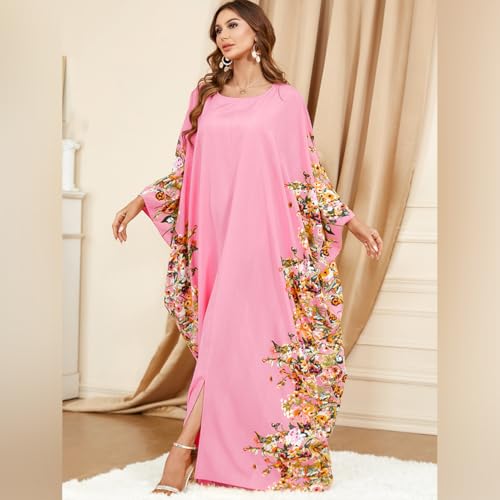 ODIZLI Ramadan Abaya for Women Muslim Batwing Sleeve Floral Print Prayer Dress Dubai Turkey Kaftan - color: Pink