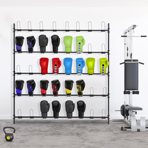 Boxing Glove Storage Rack, 5 Tiers Wall Mounted Metal Display Holder with Hooks, Heavy Duty Boxing Glove Organizer Shelf, Boxing Gloves Drying Rack for Gym, Home, Shopping Center
