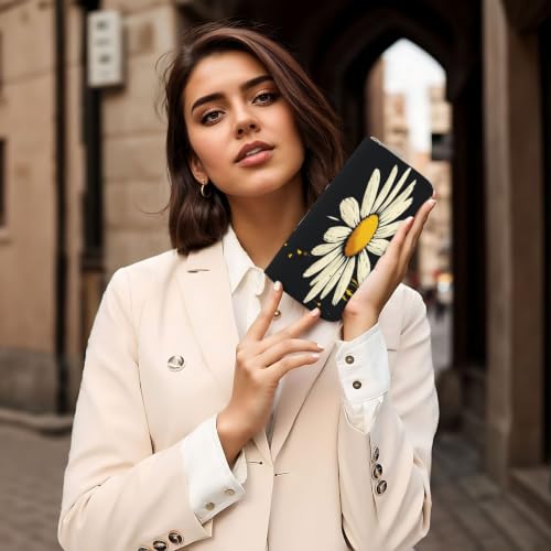 Stylish Daisy PU Leather Long Wallet for Women Men, Zipper Clutch Wallet RFID Card Holder Organizer - color: Stylish Daisy