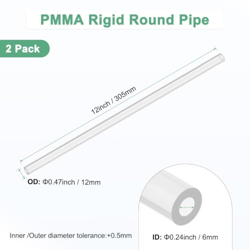 M METERXITY 2-Pack Clear Rigid Acrylic Pipe, 6mm[0.24"] ID x 12mm[0.47"] OD Plastic Round Tube for Water Cooling System/Lamps/Fountains/Aquariums/Display Stand, Acrylic Tubing [305mm/12IN] - size: 6mm ID x 12mm OD