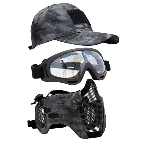 Airsoft Mask with Goggles, Foldable Half Face Airsoft Mesh Mask with Ear Protection for Paintball Shooting Cosplay CS Game - color: DPB-3PCS, size: 3pcs