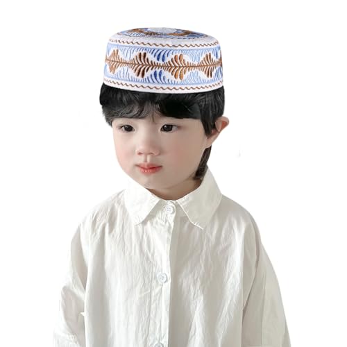 Kids Boys Muslim Prayer Kufi Hat Islamic Prayer Cap Embroidered Prayer Headwear Cap Praying Skull Cap Topi Ramadan Eid Hat - color: Blue-medium