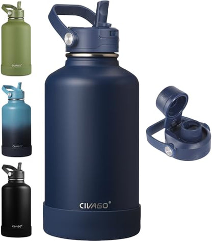CIVAGO 64 oz Insulated Stainless Steel Water Bottle with Detachable Straw, Large Half Gallon Water Jug with Bucket Handle, Big Metal Leakproof Flask with Silicone Boot for Gym, Dishwasher Safe, Navy - color: .Navy, size: 64 Ounces