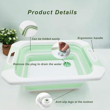 Camping Collapsible Cutting Board Dish Basin BBQ Prep Tub Camp Sink Dish Washing Station Multifunctional Storage Basket(Green white) - color: Green White