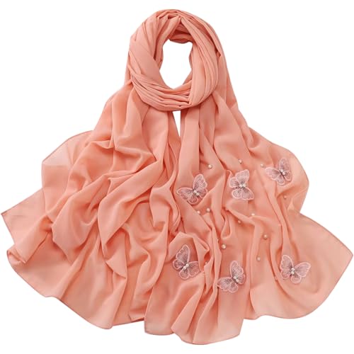 Muslim Prayer Hijab for Women Lightweight Pearl Chiffon Scarfs 3-D Butterfly Embroidery with Glitters Beads Islamic Hijab - color: Pink