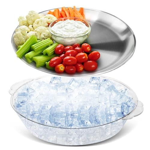 1 Set 11.8" Chilled Serving Tray Compartments for Parties, Natural | Ice Chilled Party Platter, Charcuterie Serving Board Cold Dish Dip for Fruit Seafood Vegetable Shrimp Cocktail - color: Natural