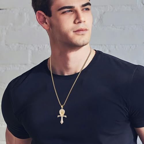 HZMAN CZ Eye of Horus Egypt Protection Pendant Coptic Ankh Cross Religious Stainless Steel Necklace - color: Gold