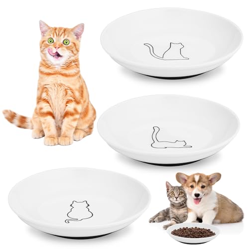3 Pcs Ceramic Cat Food Bowls, Cute Cat Bowls, 5.9 Inch Cat Plates Set for Wet and Dry Food Water, White Flat Cat Dish with Non-Slip Base for Cats and Puppies (3 Kitten Patterns)