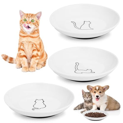 3 Pcs Ceramic Cat Food Bowls, Cute Cat Bowls, 5.9 Inch Cat Plates Set for Wet and Dry Food Water, White Flat Cat Dish with Non-Slip Base for Cats and Puppies (3 Kitten Patterns)