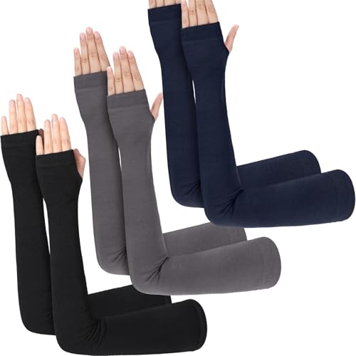 3 Pairs Sun Protection Arm Sleeves 23.6 Inch Long Fingerless Gloves for Women Cotton Arm Wrist Warmer with Thumb Hole - color: Black, Dark Gray,blue