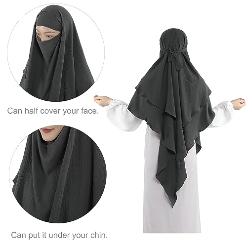 Khalat Muslim Prayer Hijab - 2 Layers Soft Breathable Islamic Dubai Women's Instant Long Hijab - color: Dark Gray