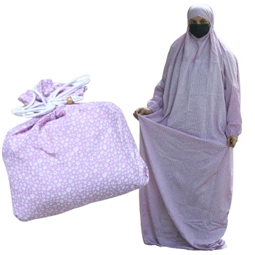 MERCATUS One-Piece Islamic Prayer Dress with Attached Hijab & Pouch - Lightweight Crepe Jilbab - Free Size, WHITE - color: Lavender Floral