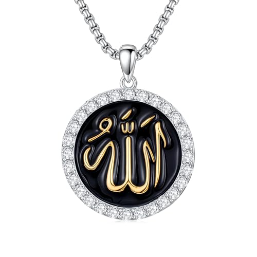 Allah Necklace 925 Sterling Silver Iced Out 5A Cubic Zirconia Allah Pendant Jewelry for Men Women, w/Stainless Steel Chain 22'' + 2''