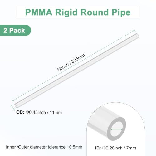 M METERXITY 2-Pack Clear Rigid Acrylic Pipe, 7mm[0.28"] ID x 11mm[0.43"] OD Plastic Round Tube for Water Cooling System/Lamps/Fountains/Aquariums/Display Stand, Acrylic Tubing [305mm/12IN] - size: 7mm ID x 11mm OD